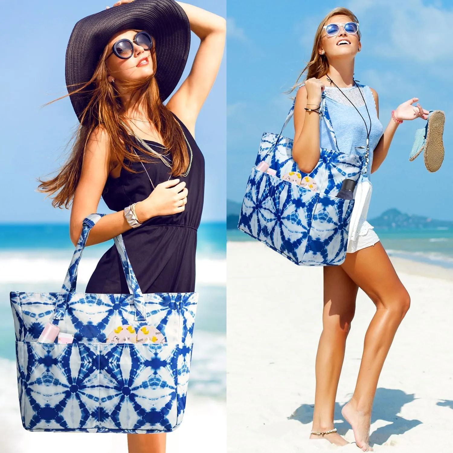 KABAQOO Extra Large Beach Bag Waterproof Sandproof Women Beach Tote with Zipper & Wet Compartment for Pool Gym Grocery Travel