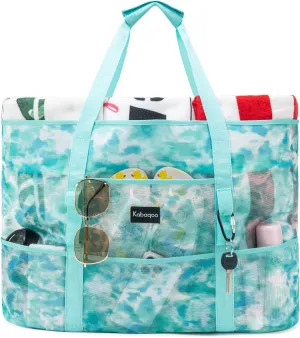 KABAQOO Mesh Beach Bag, Extra Large Beach Bags with 9 Pockets & Zipper Waterproof Lightweight Beach Tote for Beach/Pool Trip