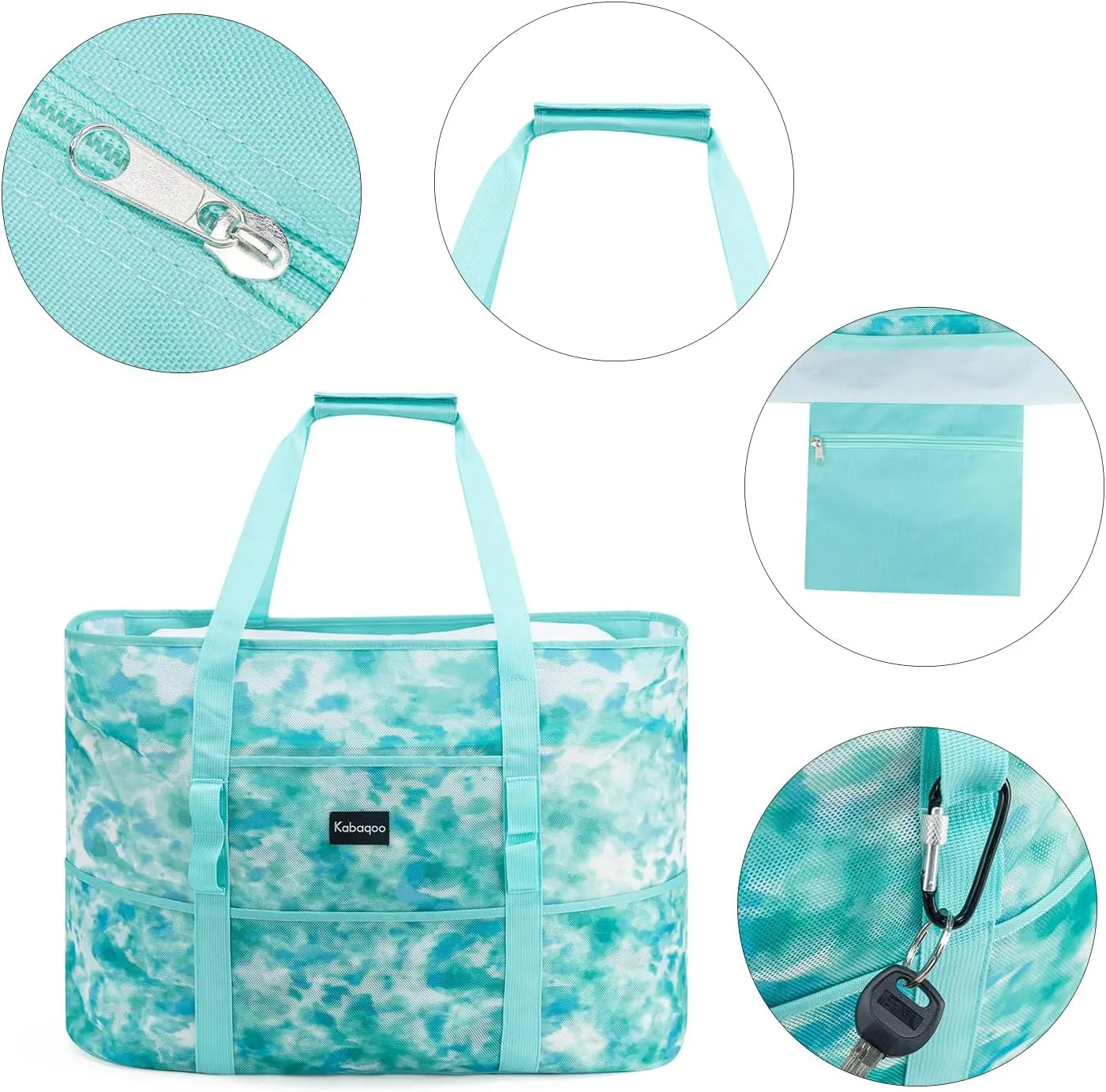 KABAQOO Mesh Beach Bag, Extra Large Beach Bags with 9 Pockets & Zipper Waterproof Lightweight Beach Tote for Beach/Pool Trip