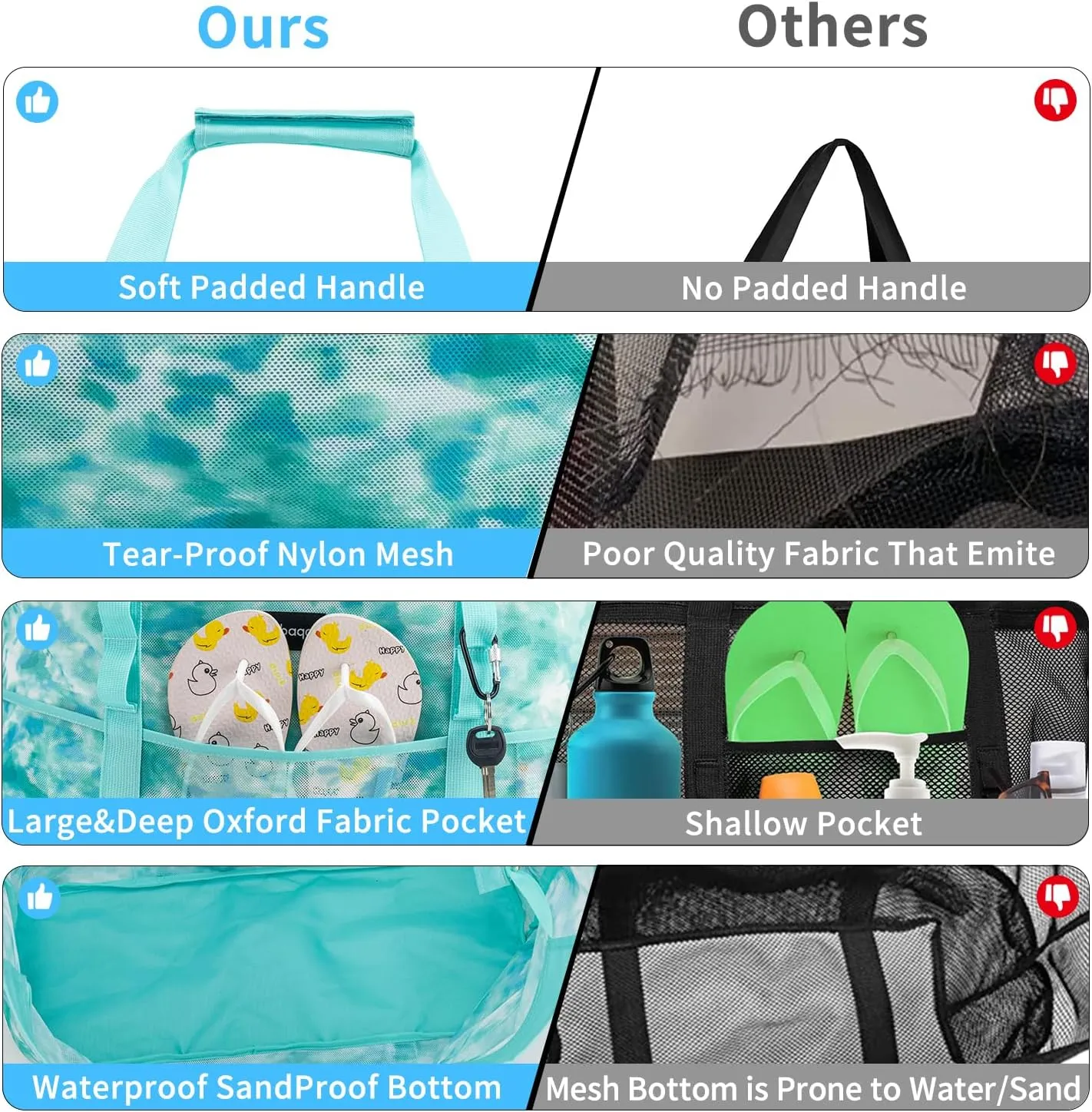 KABAQOO Mesh Beach Bag, Extra Large Beach Bags with 9 Pockets & Zipper Waterproof Lightweight Beach Tote for Beach/Pool Trip