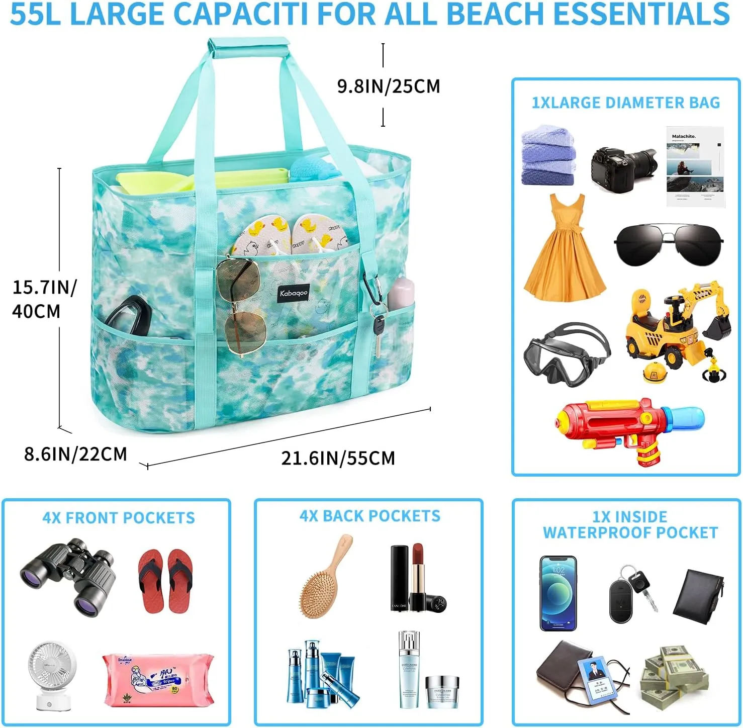KABAQOO Mesh Beach Bag, Extra Large Beach Bags with 9 Pockets & Zipper Waterproof Lightweight Beach Tote for Beach/Pool Trip