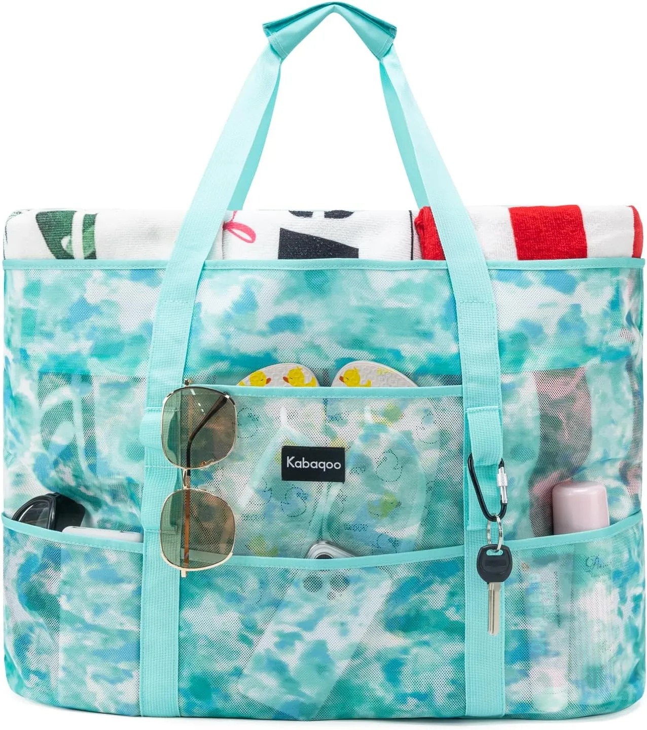 KABAQOO Mesh Beach Bag, Extra Large Beach Bags with 9 Pockets & Zipper Waterproof Lightweight Beach Tote for Beach/Pool Trip