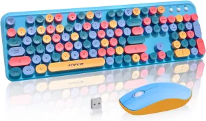 Keyboard and Mouse Wireless,Cute Retro Wireless Keyboard Mouse Combo with Round Key,2.4Ghz Dropout-Free Connection,Typewriter Wireless Keyboard Mouse Set for PC Laptop Desktop Computer-Blue Colorful