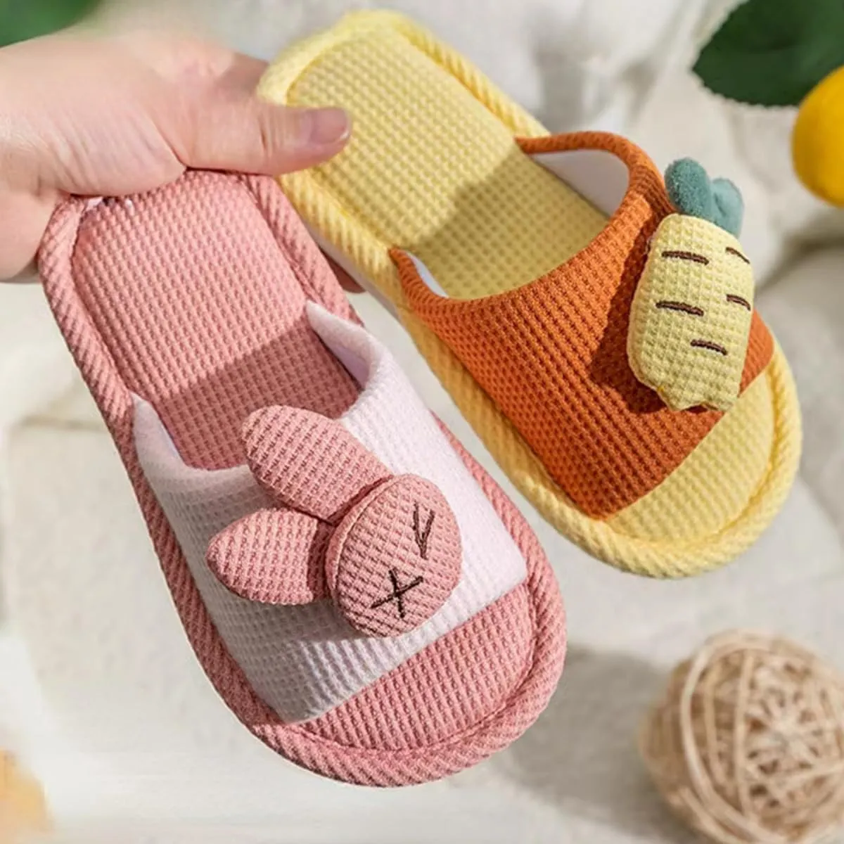 Kids Summer Linen Slippers, Toddler Girls' Boys' Cute Indoor Slip-Ons Carrot Rabbit House Shoes for Spring Autumn