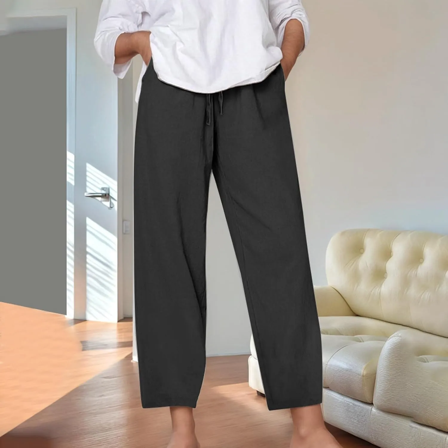Kingspinner Linen Pants Women, Womens Capri Pants Casual Summer Elastic Waisted Plus Size Baggy Ladies Boho Trousers Vacation