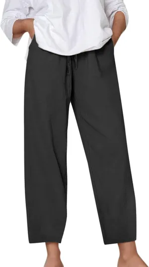 Kingspinner Linen Pants Women, Womens Capri Pants Casual Summer Elastic Waisted Plus Size Baggy Ladies Boho Trousers Vacation