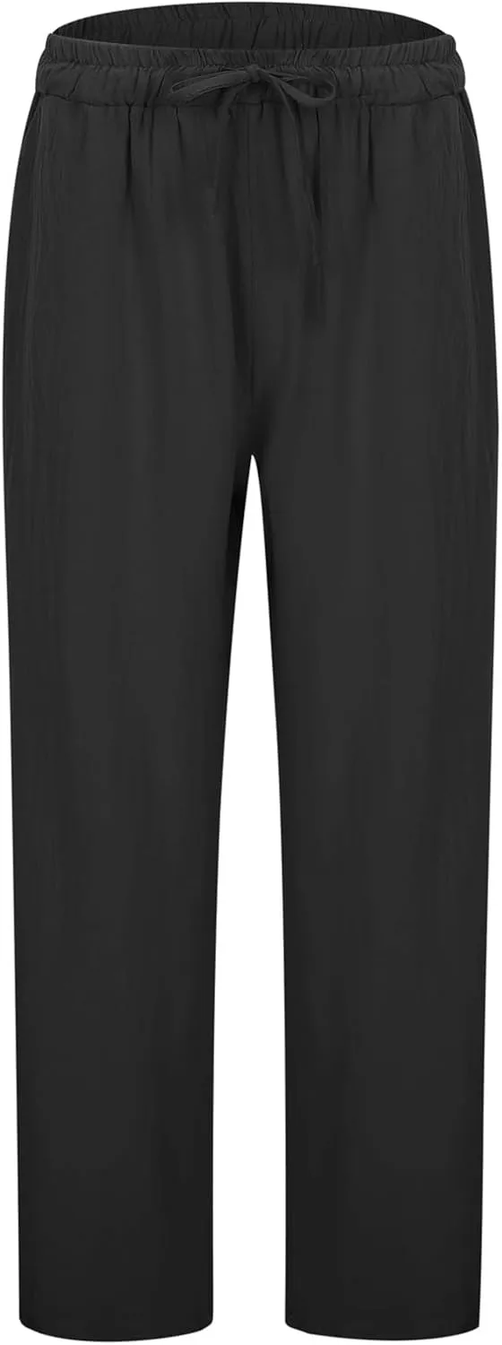 Kingspinner Linen Pants Women, Womens Capri Pants Casual Summer Elastic Waisted Plus Size Baggy Ladies Boho Trousers Vacation