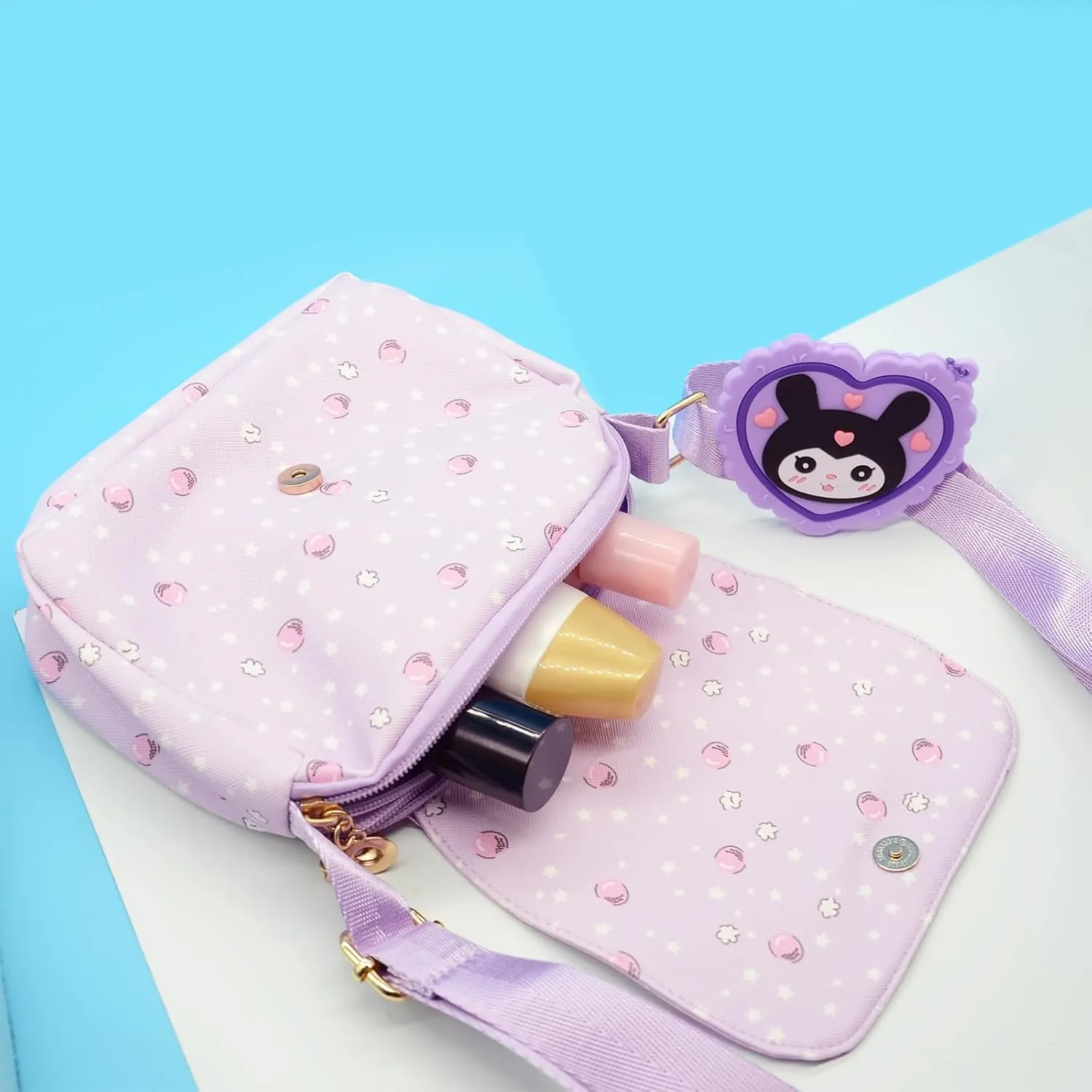Kumi Crossbody Bag with Adjustable Shoulder Strap and Mirror, Kawaii Handbag with Buckle, Kitty Family Wallet Purse Shoulder Bag Coin Pouch Accessories for Women Girls