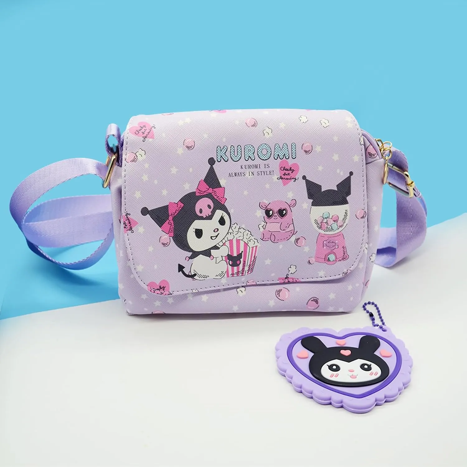Kumi Crossbody Bag with Adjustable Shoulder Strap and Mirror, Kawaii Handbag with Buckle, Kitty Family Wallet Purse Shoulder Bag Coin Pouch Accessories for Women Girls