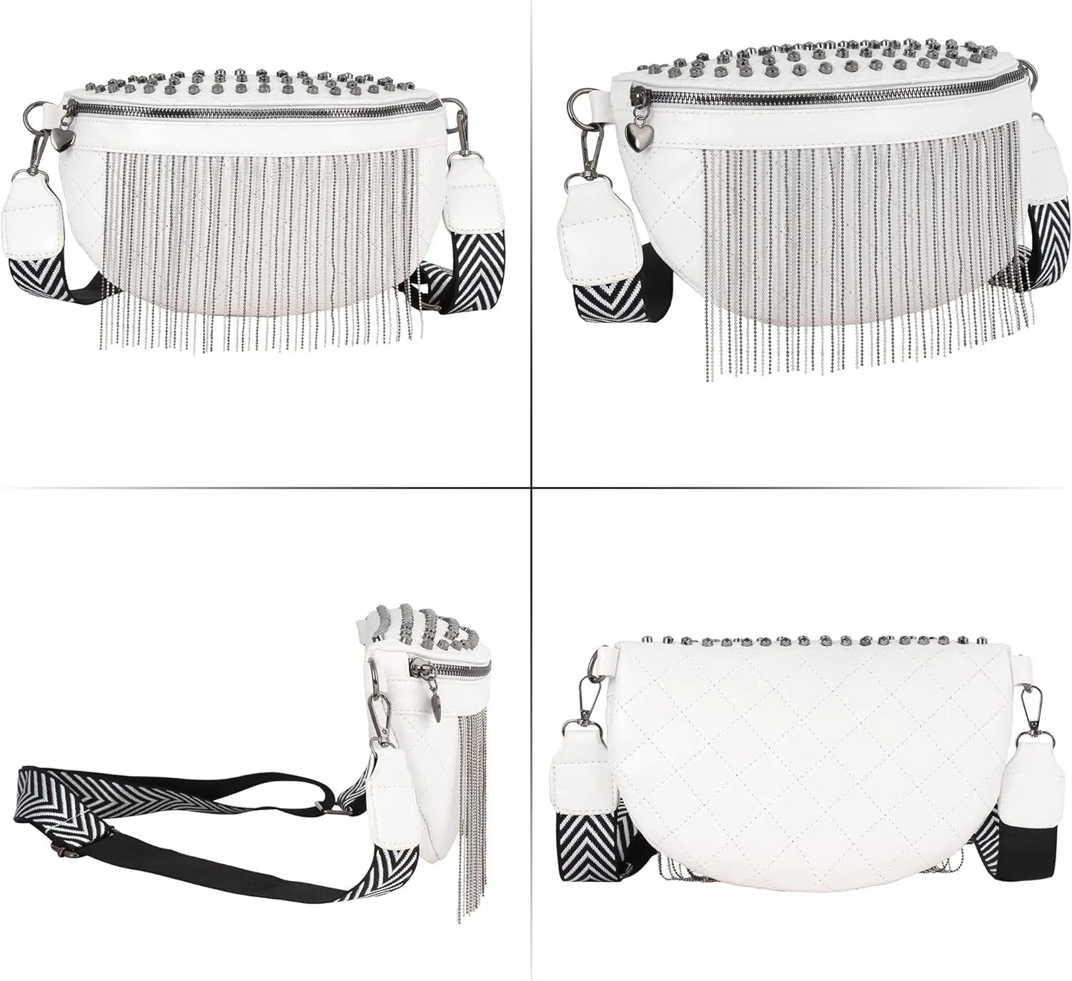 LABANCA Women Rivet Studded Zipper Pocket Shoulder Purse Faux Leather Waist Packs Rave Chest Bag Festival Fanny Bag Purse,Offwhite 05942