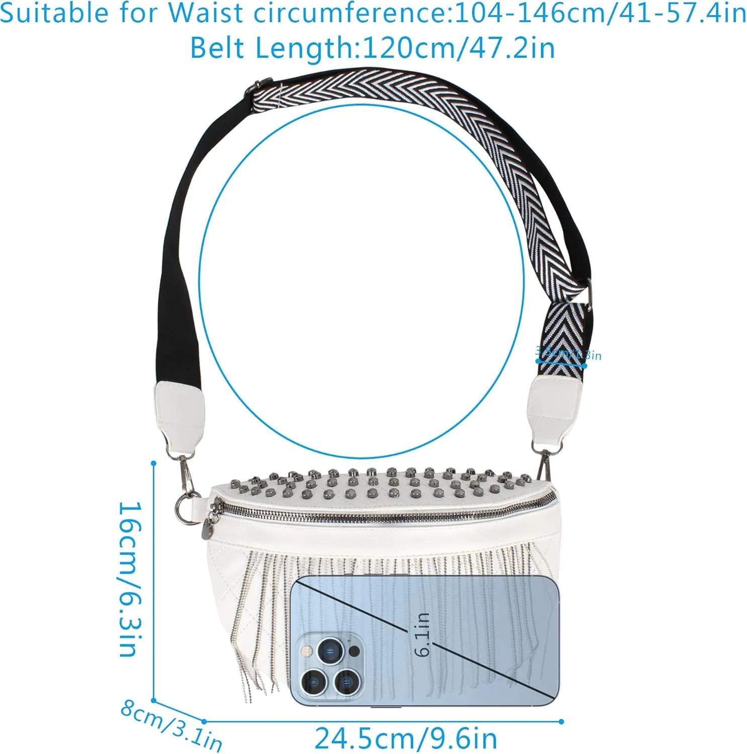 LABANCA Women Rivet Studded Zipper Pocket Shoulder Purse Faux Leather Waist Packs Rave Chest Bag Festival Fanny Bag Purse,Offwhite 05942