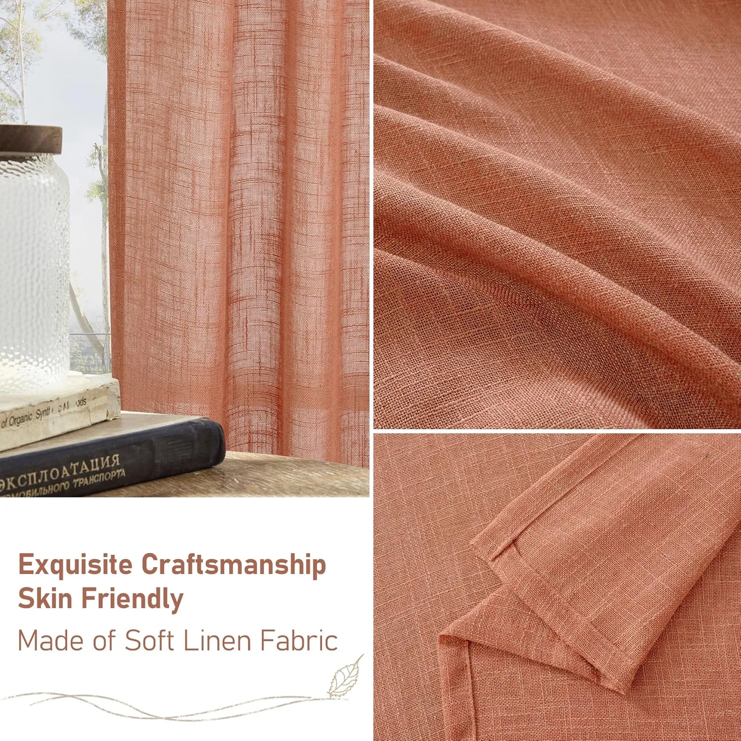 LAMIT Linen Sheer Curtains 95 inch for Living Room, Soft Thick Light Filtering Boho Window Textured Neutral Drapes with Bronze Grommet for Bedroom/Farmhouse, 2 Panels, 52 x 95 Inch, Terracotta