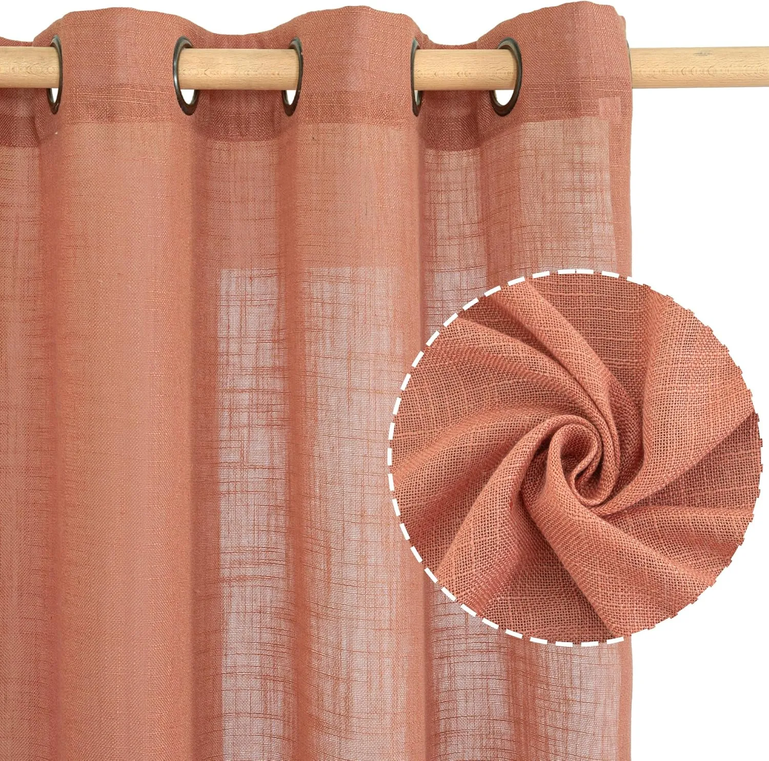 LAMIT Linen Sheer Curtains 95 inch for Living Room, Soft Thick Light Filtering Boho Window Textured Neutral Drapes with Bronze Grommet for Bedroom/Farmhouse, 2 Panels, 52 x 95 Inch, Terracotta