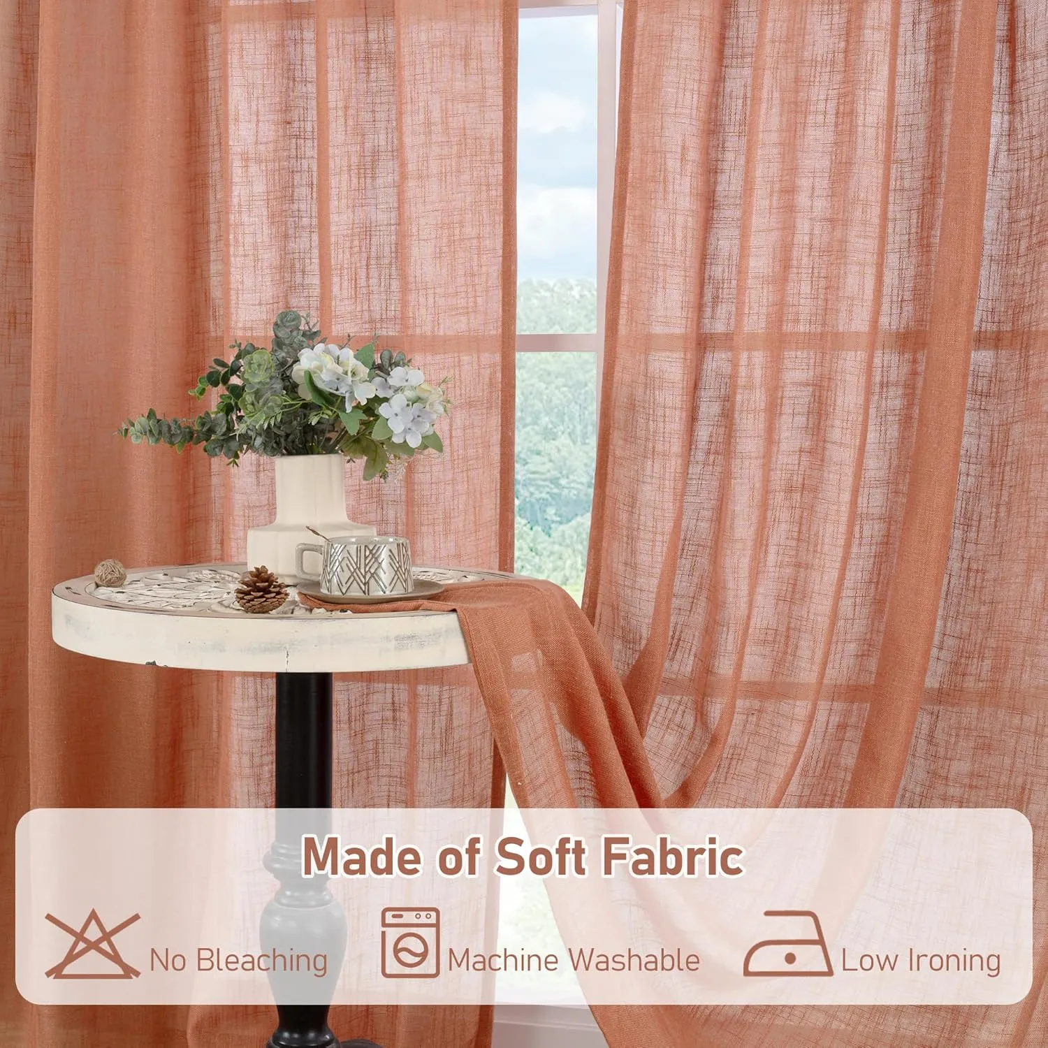 LAMIT Linen Sheer Curtains 95 inch for Living Room, Soft Thick Light Filtering Boho Window Textured Neutral Drapes with Bronze Grommet for Bedroom/Farmhouse, 2 Panels, 52 x 95 Inch, Terracotta