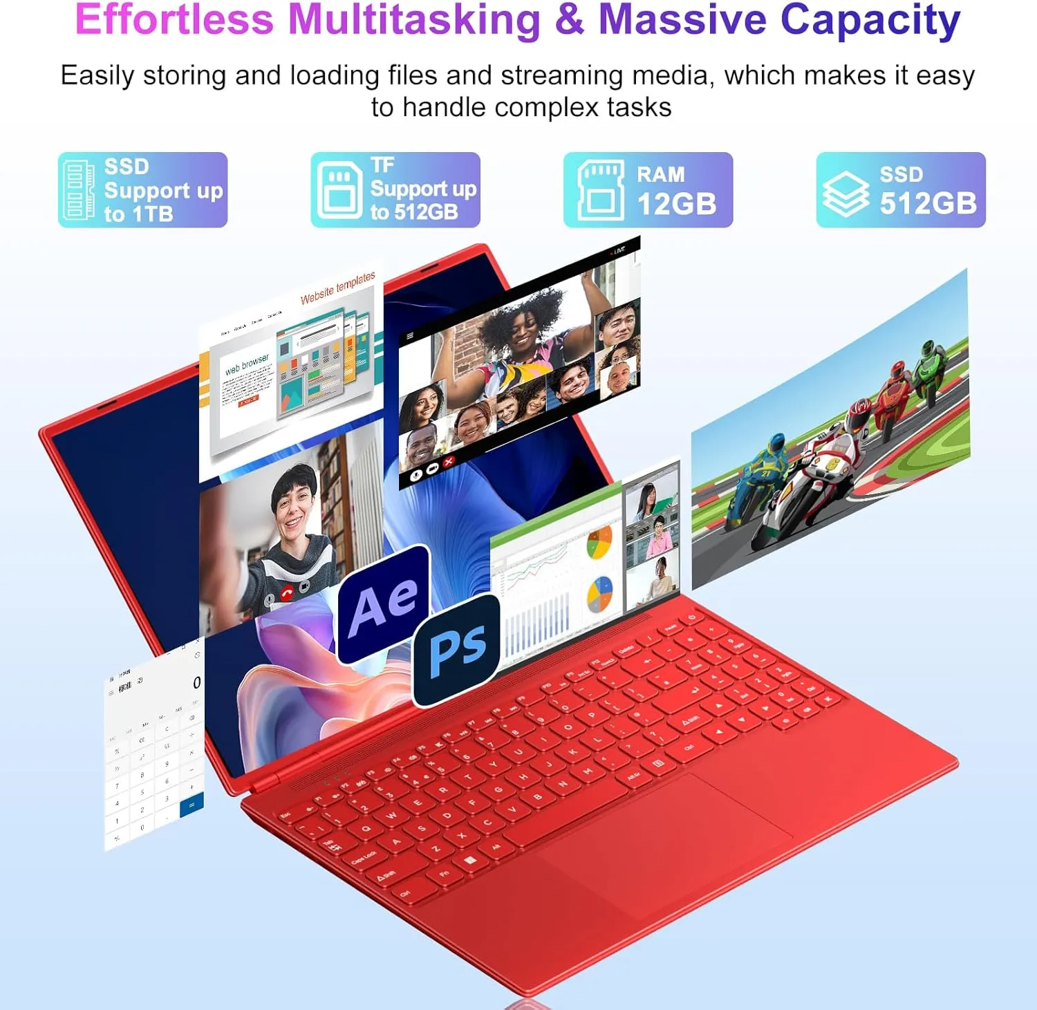 Laptop 16" 12GB 512GB SSD Celeron N5095 Up to 2.9 GHz Win 11 Laptop Support 512GB TF 1TB SSD Expand Notebook with 1920*1200 FHD 5G WiFi BT 4.2 Webcam Cooling Fan for Students and Business-Red