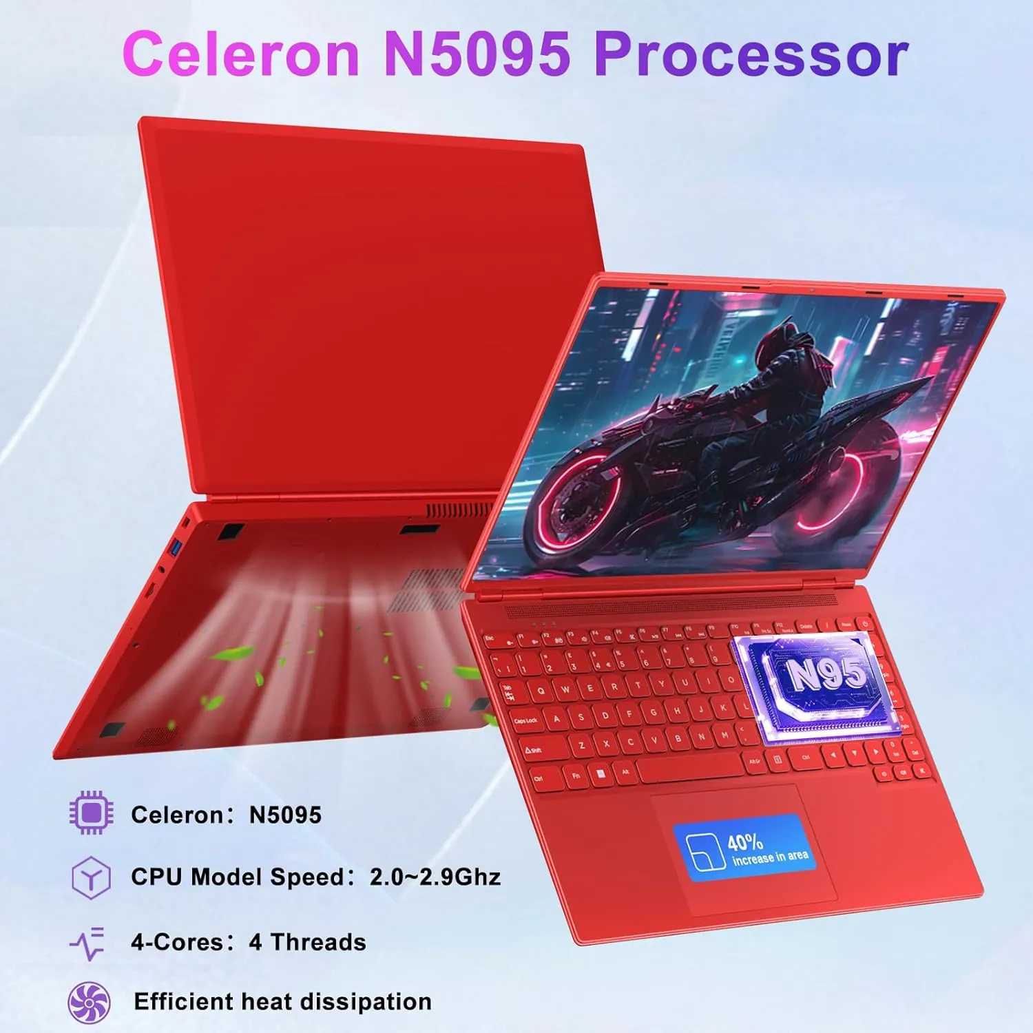 Laptop 16" 12GB 512GB SSD Celeron N5095 Up to 2.9 GHz Win 11 Laptop Support 512GB TF 1TB SSD Expand Notebook with 1920*1200 FHD 5G WiFi BT 4.2 Webcam Cooling Fan for Students and Business-Red