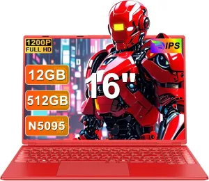 Laptop 16" 12GB 512GB SSD Celeron N5095 Up to 2.9 GHz Win 11 Laptop Support 512GB TF 1TB SSD Expand Notebook with 1920*1200 FHD 5G WiFi BT 4.2 Webcam Cooling Fan for Students and Business-Red