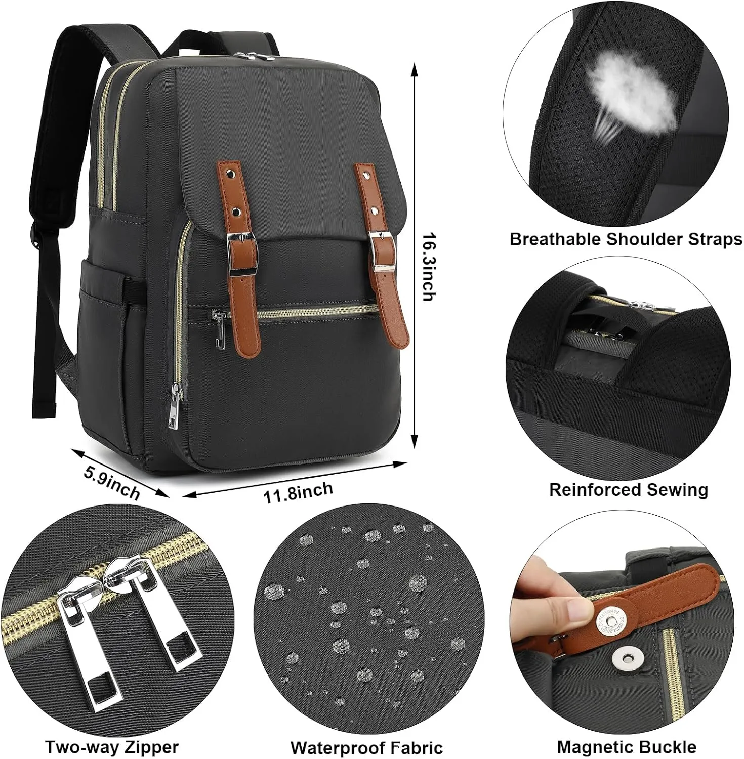 Laptop Backpack for Women Girls School Work Business Travel Computer Backpacks College Bookbag Fit 15.6 Inch Notebook (Dark Grey)