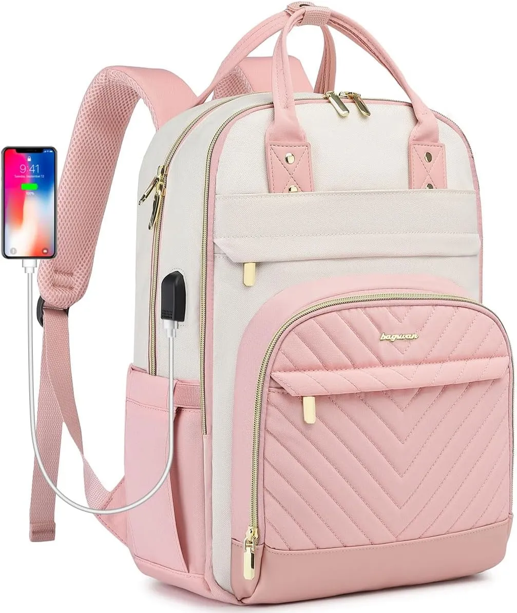 Laptop Backpack for Women Work - 15.6 Inch Travel Backpack Fashion Work Business Backpacks Purse Warterproof College Teacher Nurse Computer Daypack Beige Pink