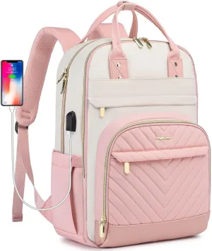 Laptop Backpack for Women Work - 15.6 Inch Travel Backpack Fashion Work Business Backpacks Purse Warterproof College Teacher Nurse Computer Daypack Beige Pink