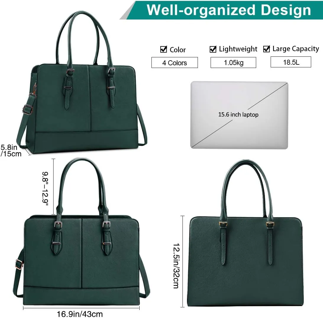 Laptop Bag for Women Leather Work Tote 15.6 Inch Laptop for Computer Bag Waterproof Business Office Professional Large Capacity Handbag Shoulder Bag DeepGreen