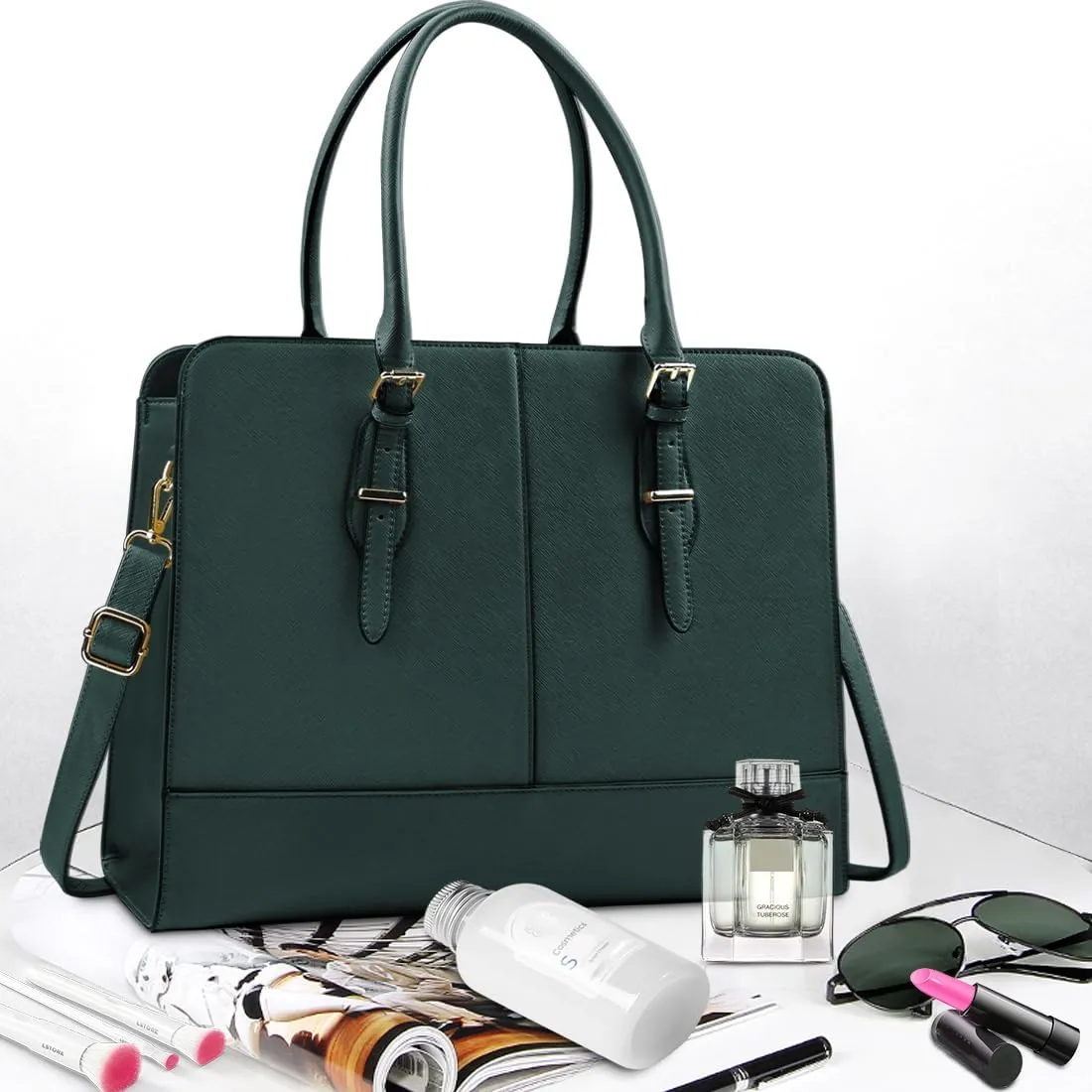 Laptop Bag for Women Leather Work Tote 15.6 Inch Laptop for Computer Bag Waterproof Business Office Professional Large Capacity Handbag Shoulder Bag DeepGreen
