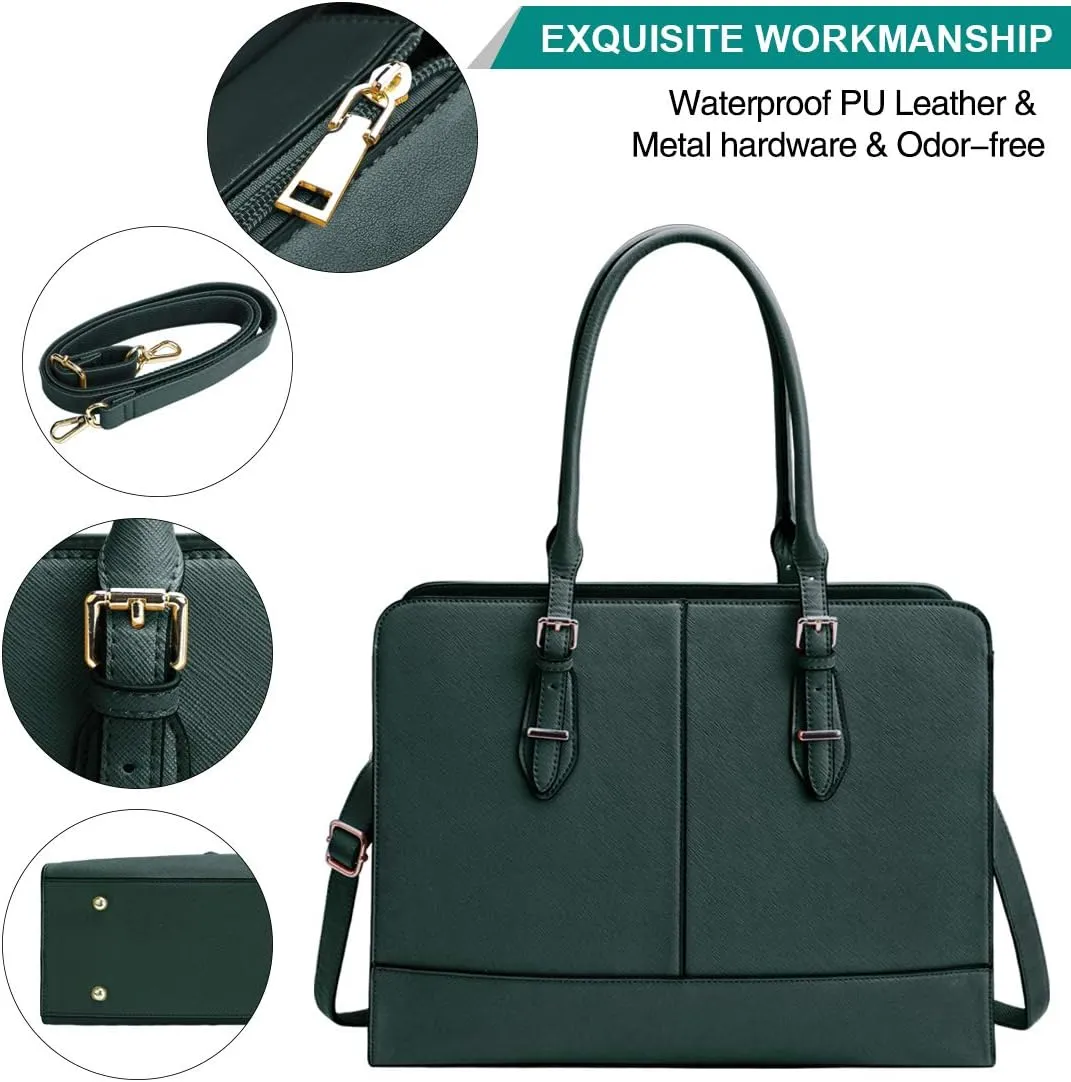 Laptop Bag for Women Leather Work Tote 15.6 Inch Laptop for Computer Bag Waterproof Business Office Professional Large Capacity Handbag Shoulder Bag DeepGreen