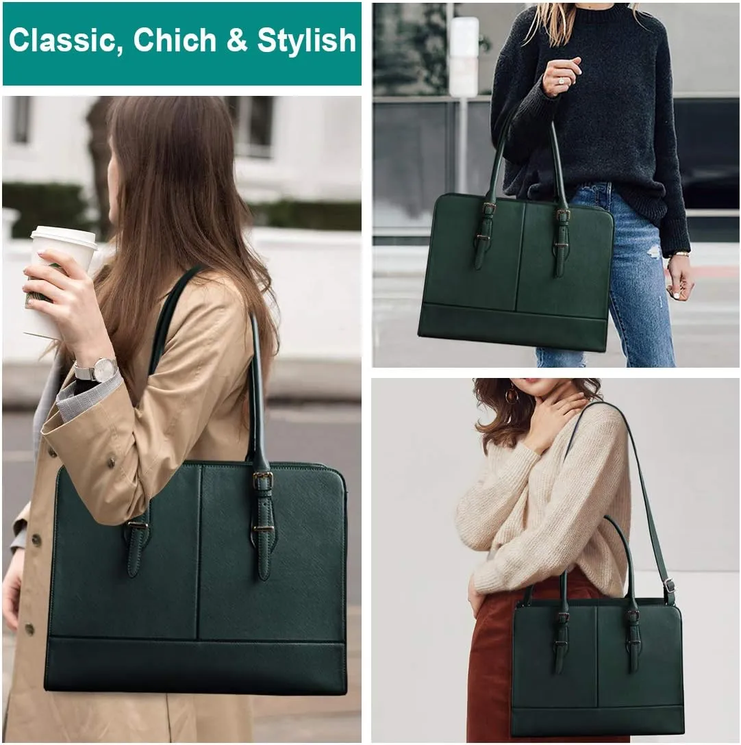 Laptop Bag for Women Leather Work Tote 15.6 Inch Laptop for Computer Bag Waterproof Business Office Professional Large Capacity Handbag Shoulder Bag DeepGreen