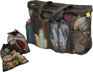 Large Mesh Beach Tote Bag with Waterproof Zipper Pocket & 2 Drawstring Bags - Perfect for Beach Vacations, Pool, Gym, Travel Essentials - Hanging Mesh Bags for Toys, Accessories, Women & Toddlers