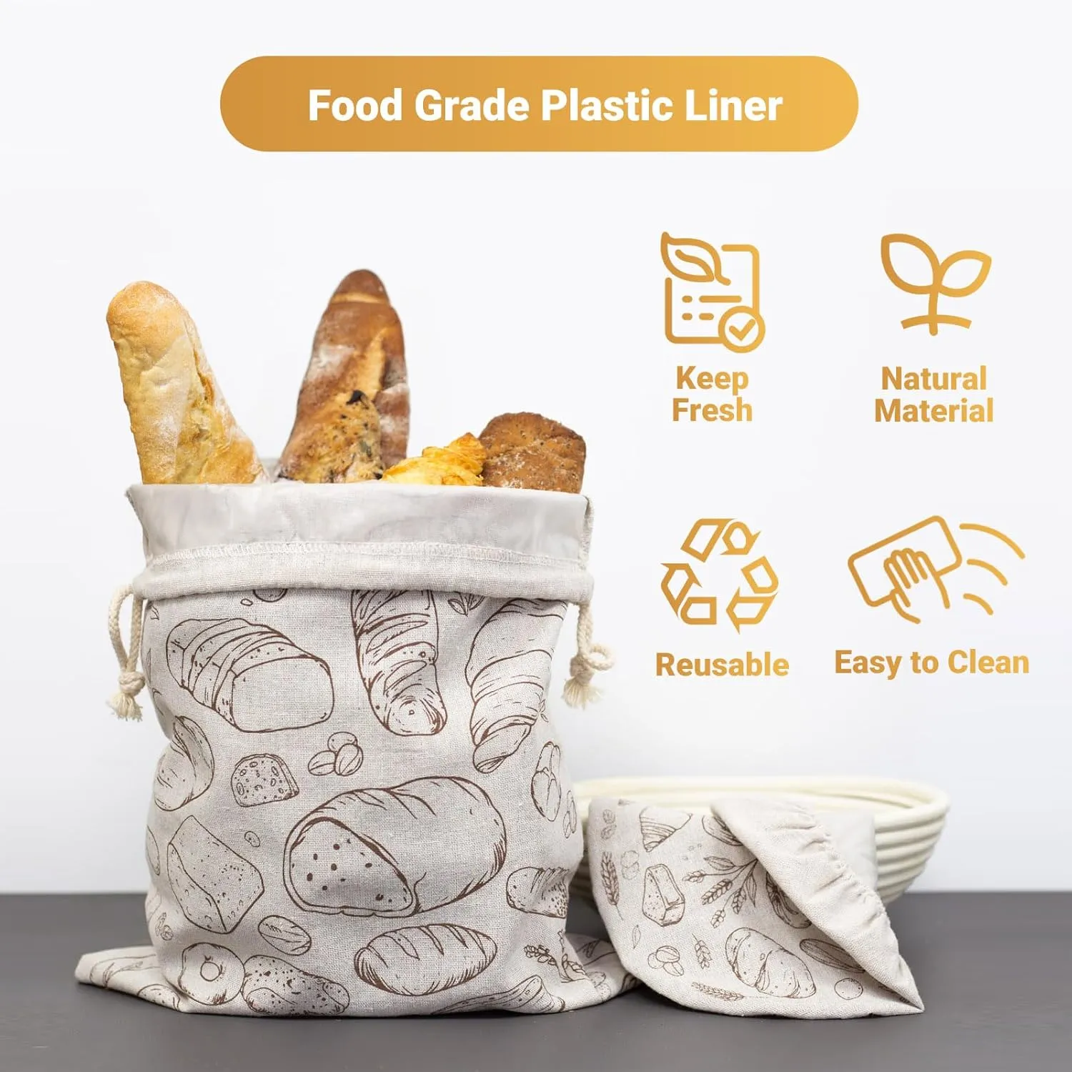 Large Reusable Linen Bread Bag and 10'' Bowl Cover with Plastic Liners for Bread Storage & Sourdough Proofing