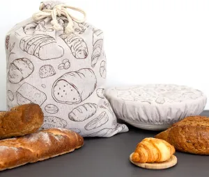 Large Reusable Linen Bread Bag and 10'' Bowl Cover with Plastic Liners for Bread Storage & Sourdough Proofing