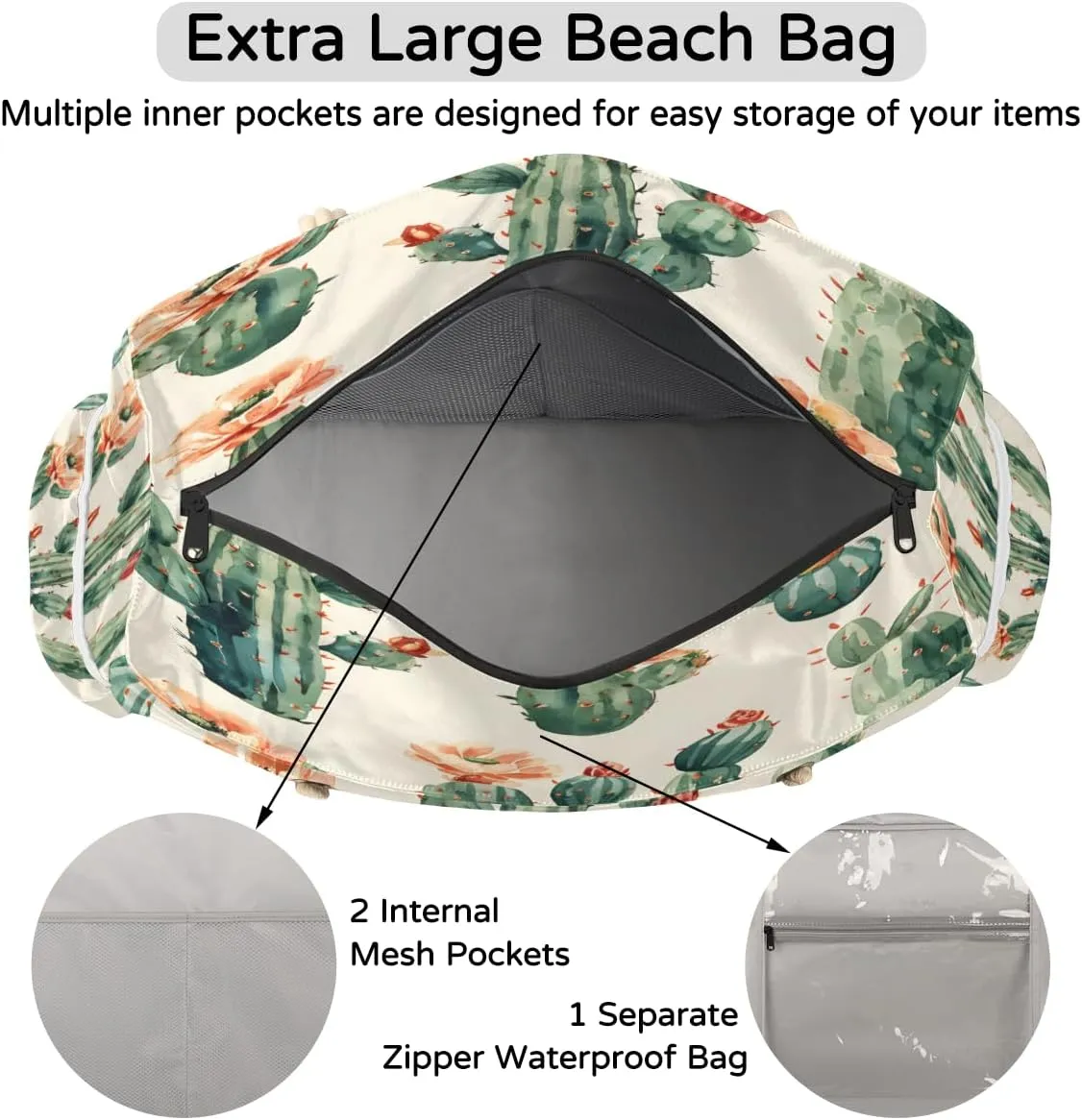 Large Tote Beach Bags for Women with Zipper Waterproof Sandproof Swim Pool Grocery Gym Travel Bag