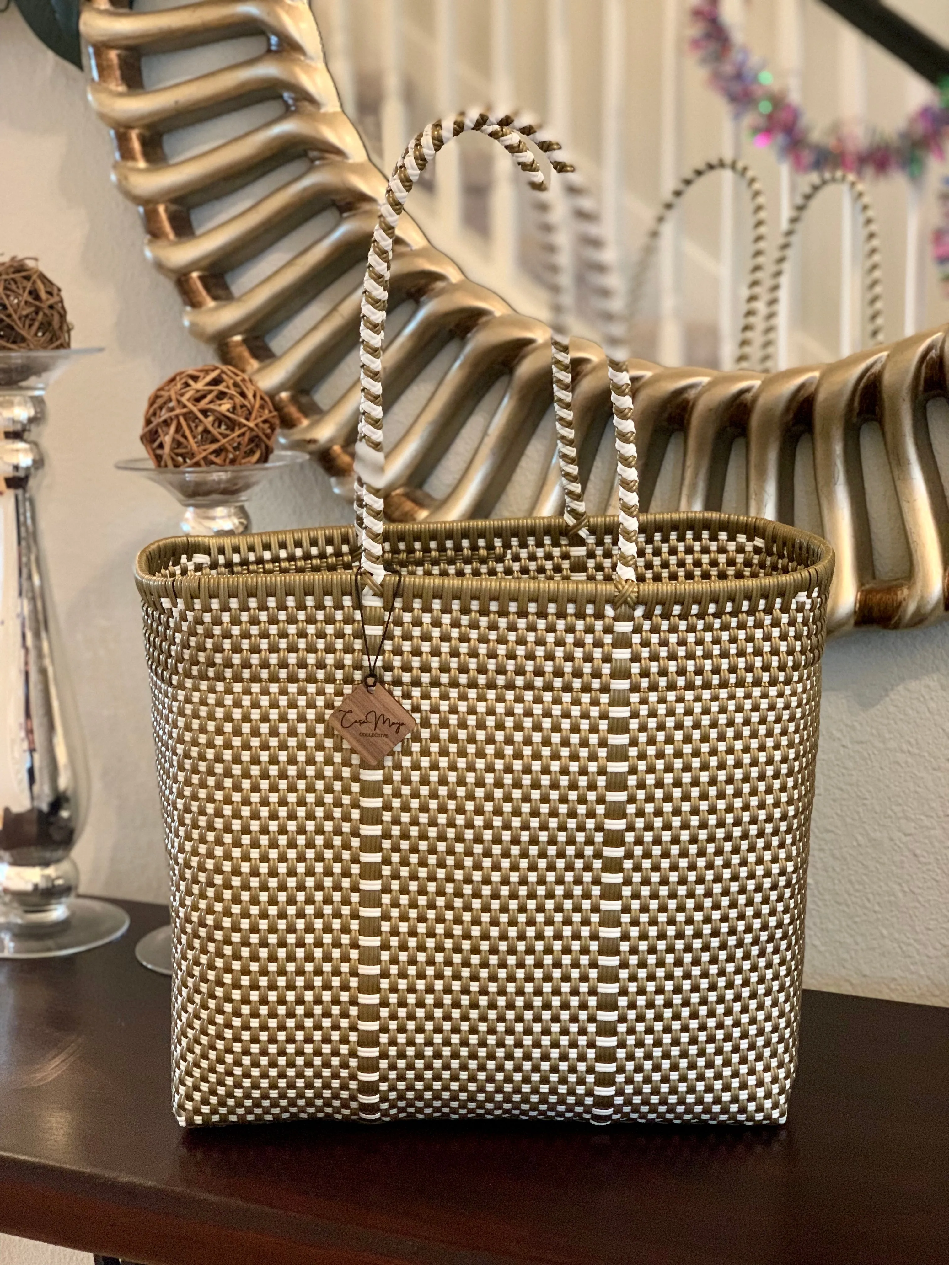 Large Tote - Gold   White Checkers