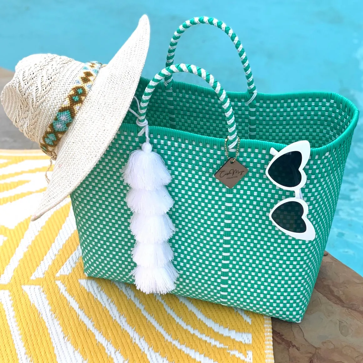 Large Tote - Seafoam   White