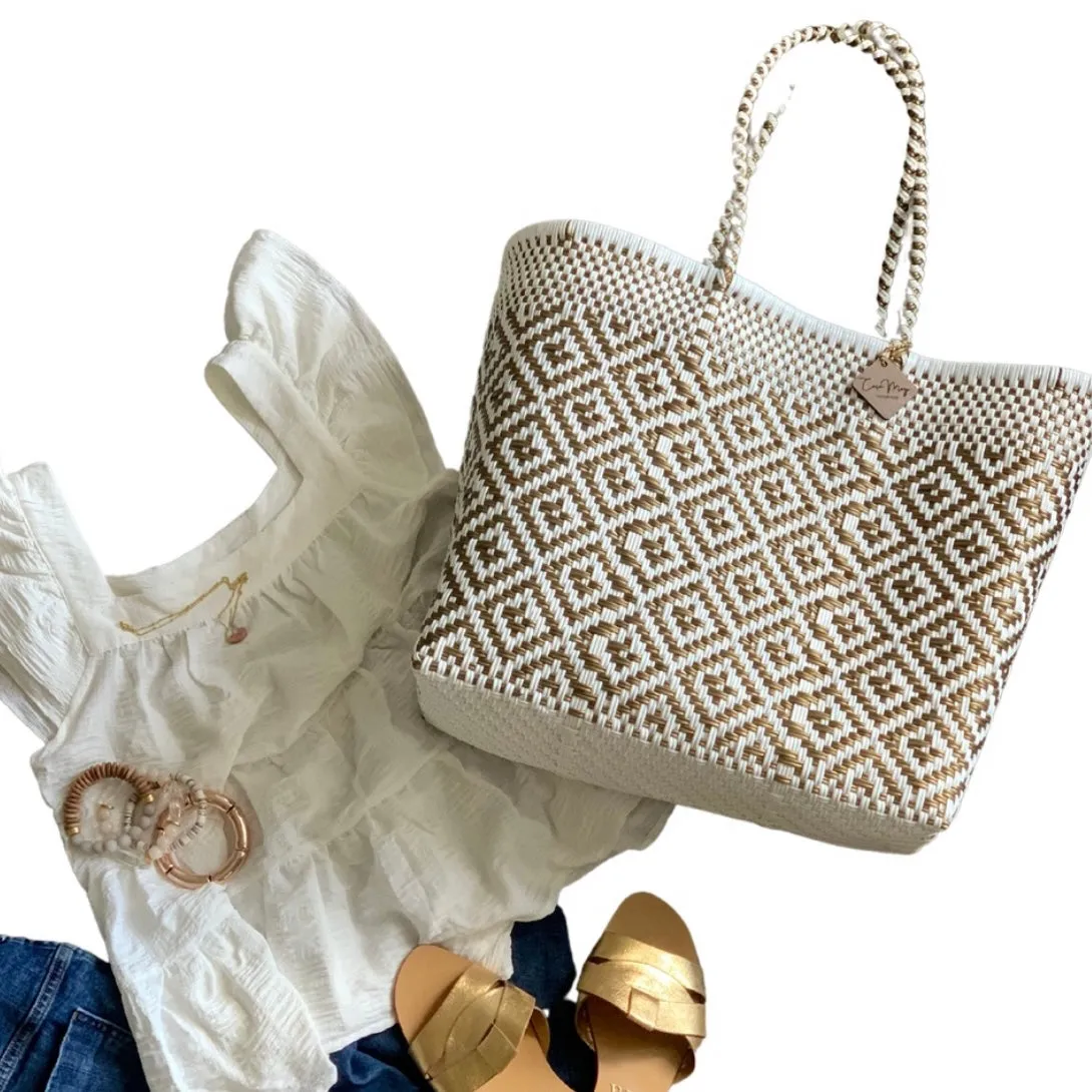 Large Tote - White and Gold Diamonds