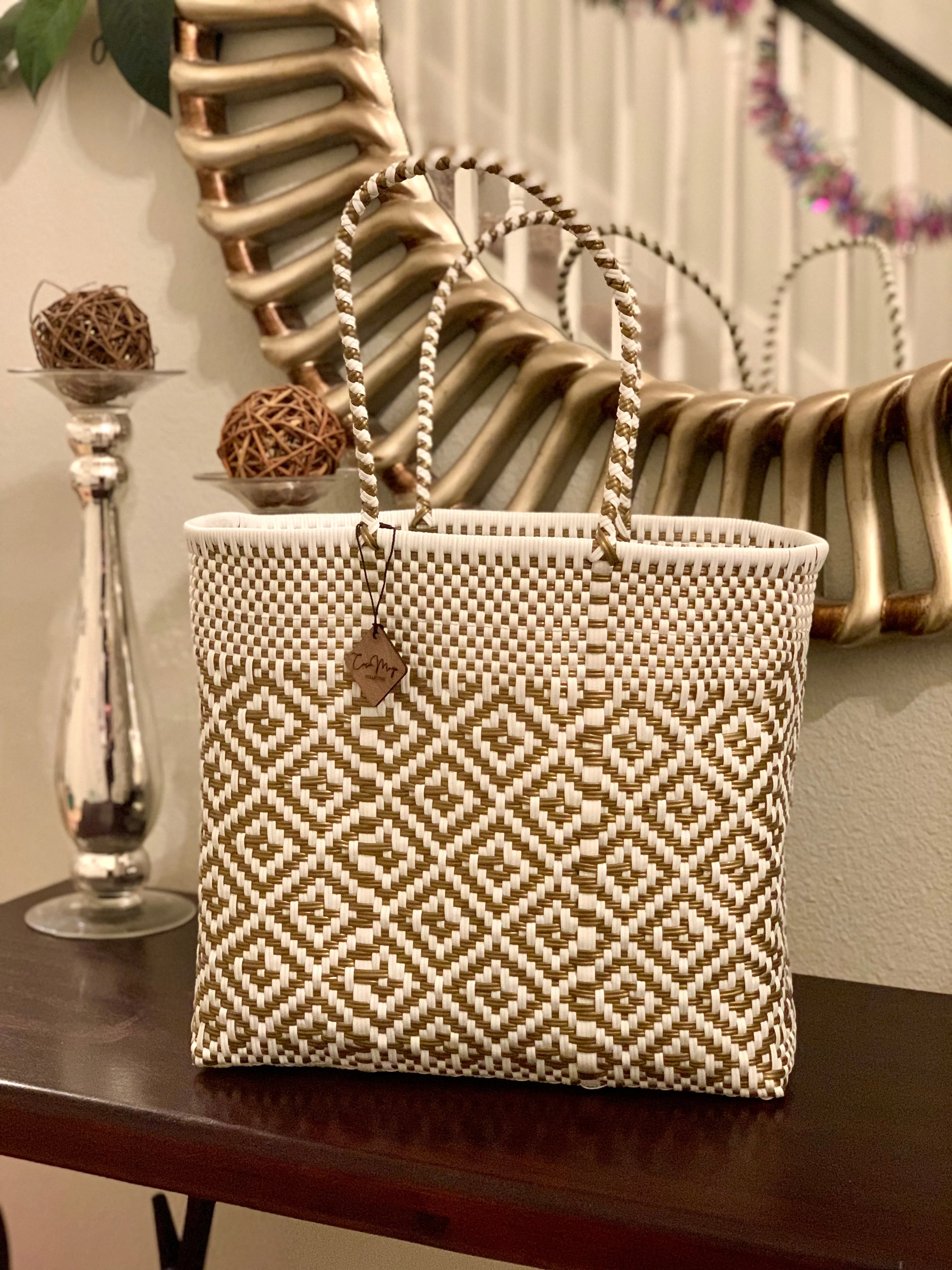 Large Tote - White and Gold Diamonds