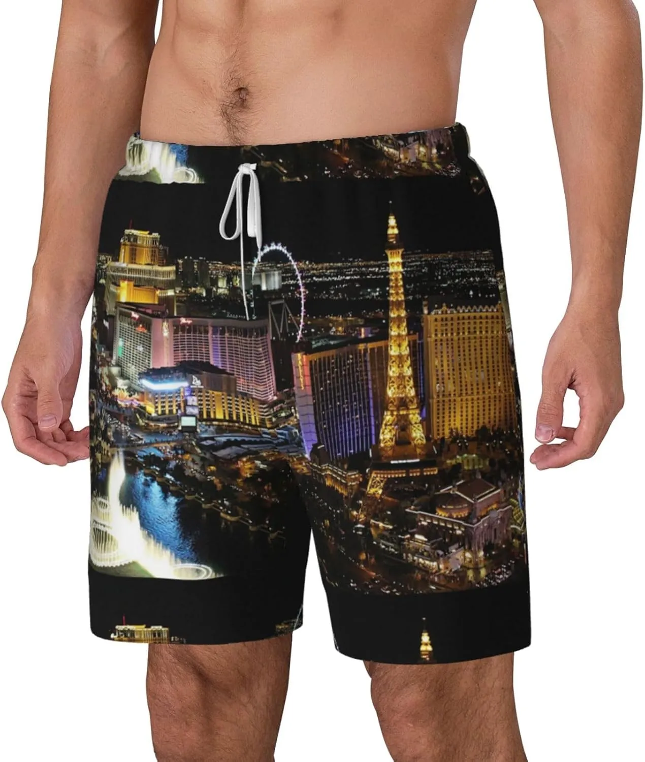 Las Vegas Night View Print Men'S Double-Layer Swimming Trunks - Hawaiian Beach Shorts with Elastic Waist