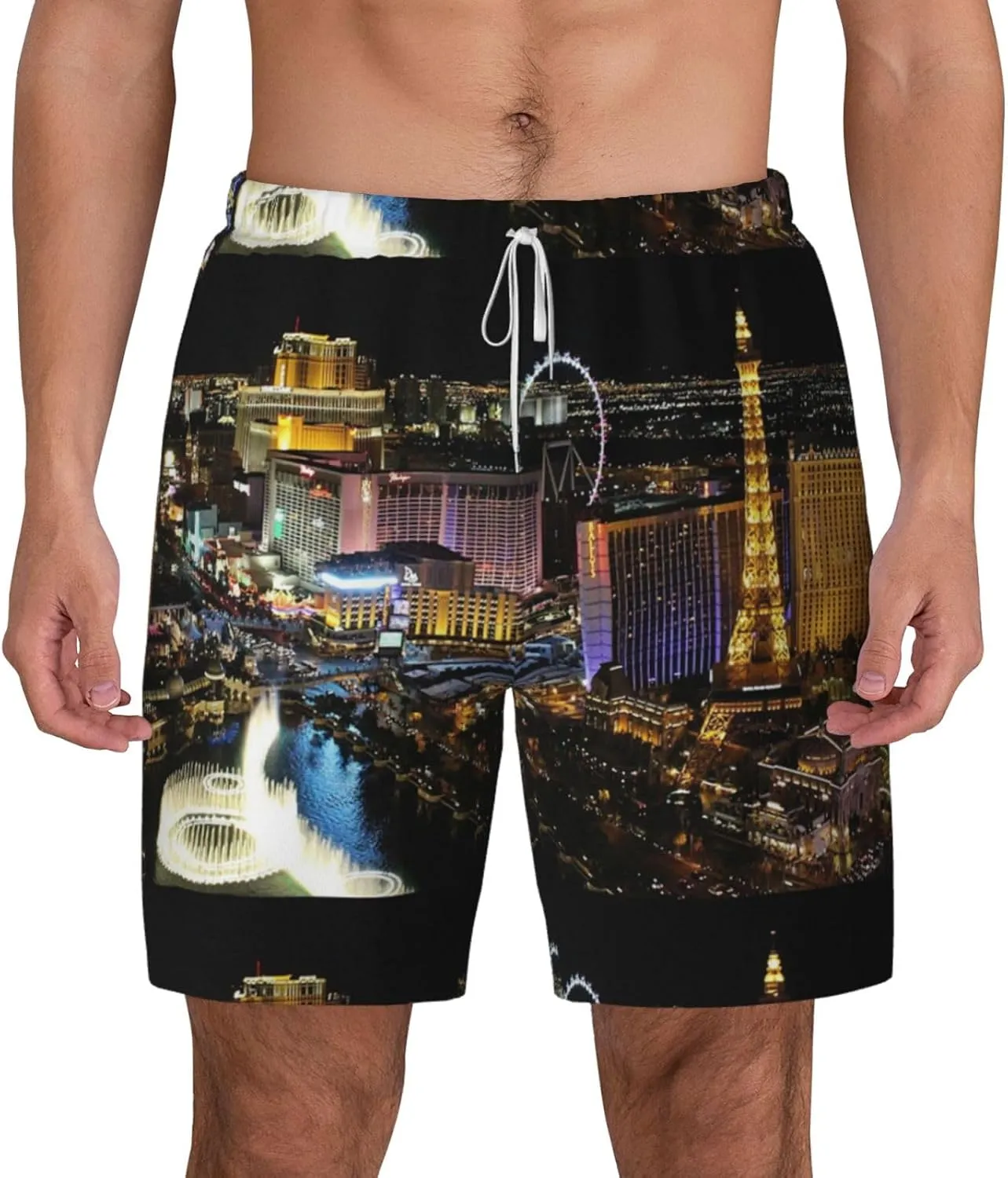 Las Vegas Night View Print Men'S Double-Layer Swimming Trunks - Hawaiian Beach Shorts with Elastic Waist