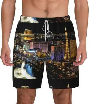 Las Vegas Night View Print Men'S Double-Layer Swimming Trunks - Hawaiian Beach Shorts with Elastic Waist