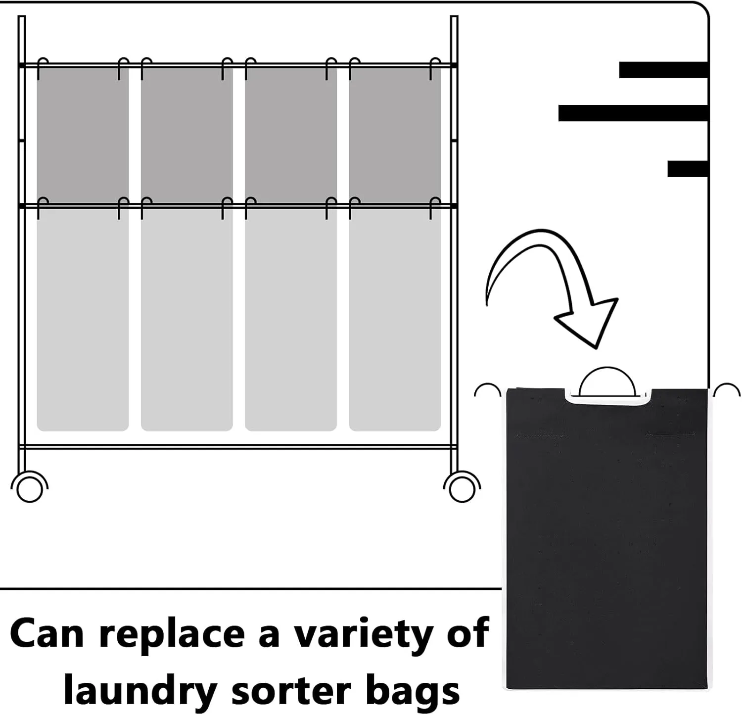 Laundry Sorter Replacement Bags Hamper Cart Removable Replacement Laundry Storage Organizer Bag Hamper Liner, No Hooks 14.76 x 8.66 x 21.65 Inch(Black,3 Pcs)