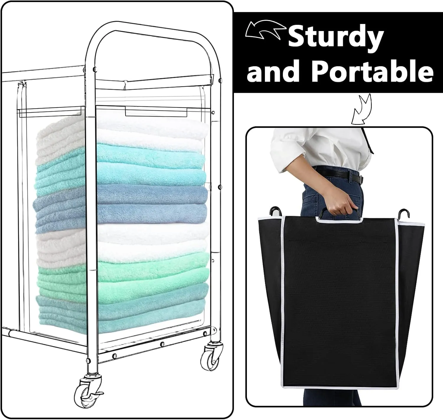 Laundry Sorter Replacement Bags Hamper Cart Removable Replacement Laundry Storage Organizer Bag Hamper Liner, No Hooks 14.76 x 8.66 x 21.65 Inch(Black,3 Pcs)