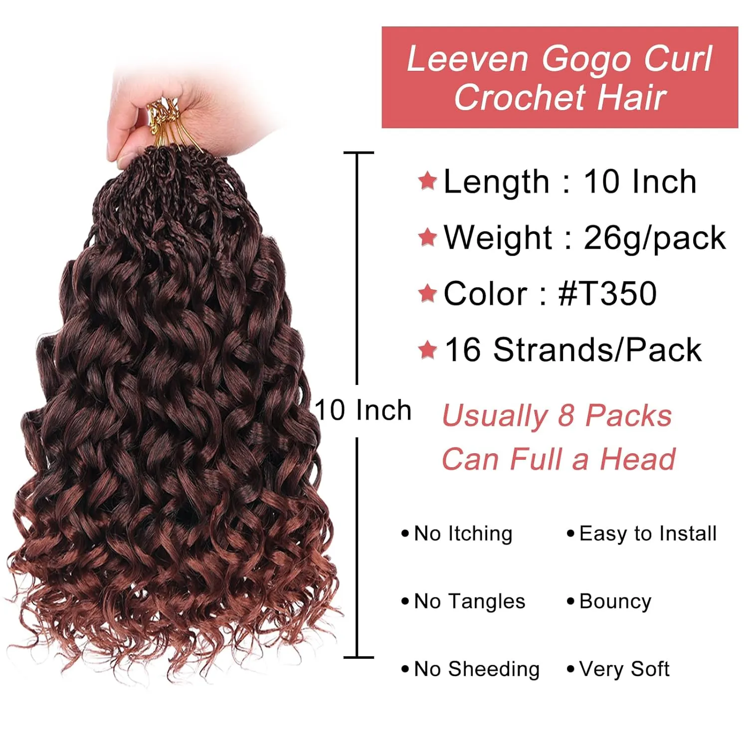Leeven 8 Packs Gogo Curl Crochet Hair 10 Inch Ombre Ginger Ocean Wave Crochet Hair Copper Red Pre Looped Curly Goddess Box Braids Synthetic Beach Curl Braiding Hair for Women