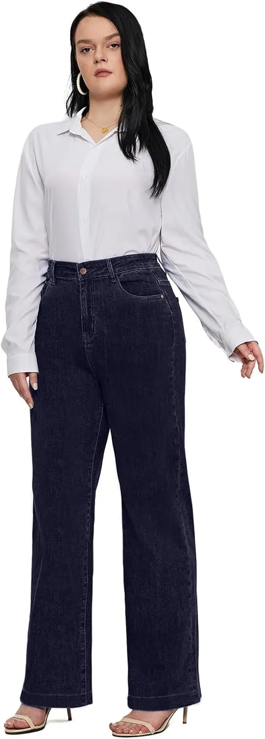 LEIJIJEANS Plus Size Baggy Jeans for Women Wide Leg Women Jeans Full Length Mom High Waist Tall Loose Wide Leg Pants