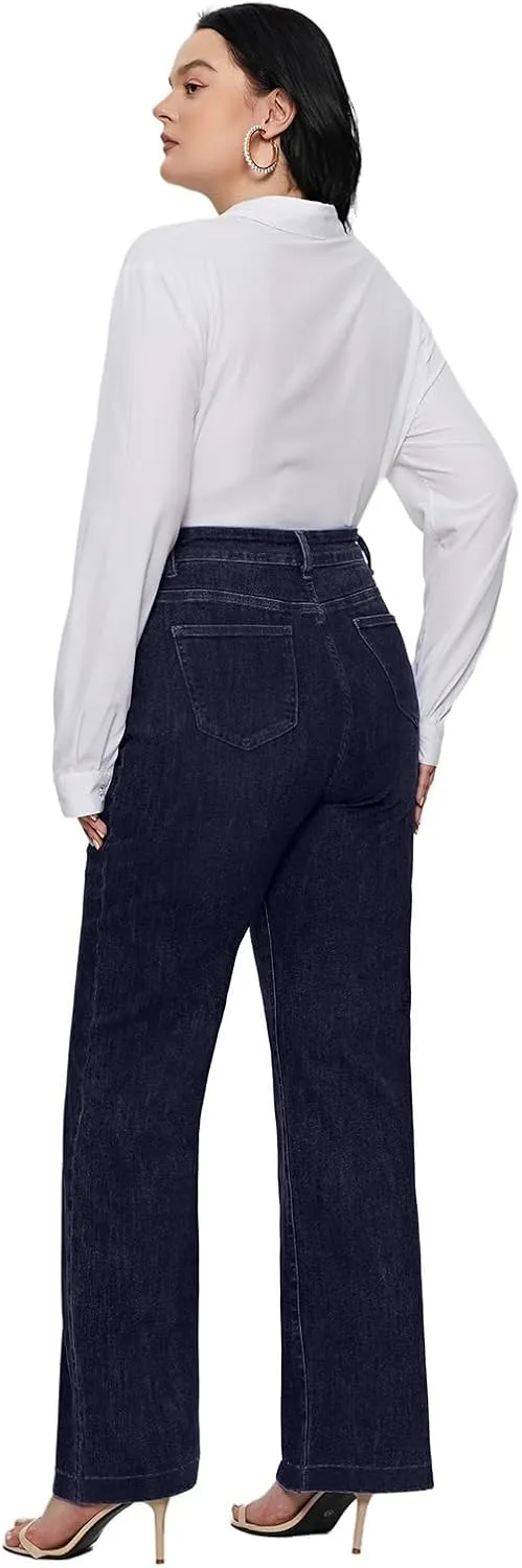 LEIJIJEANS Plus Size Baggy Jeans for Women Wide Leg Women Jeans Full Length Mom High Waist Tall Loose Wide Leg Pants