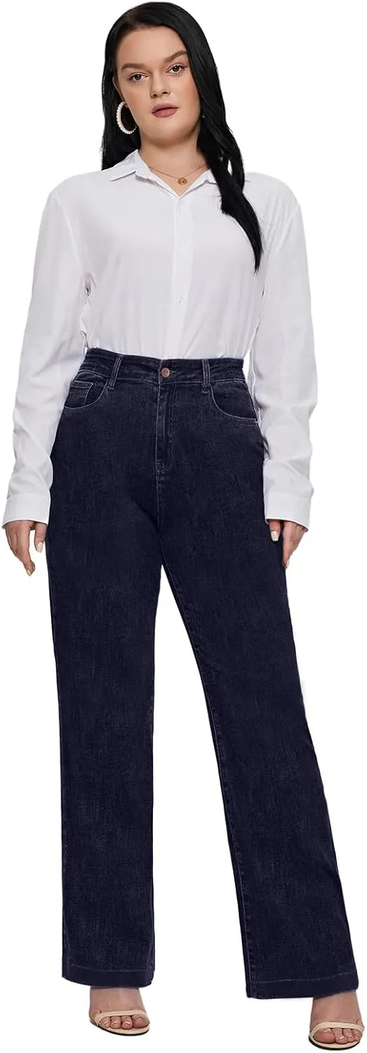 LEIJIJEANS Plus Size Baggy Jeans for Women Wide Leg Women Jeans Full Length Mom High Waist Tall Loose Wide Leg Pants
