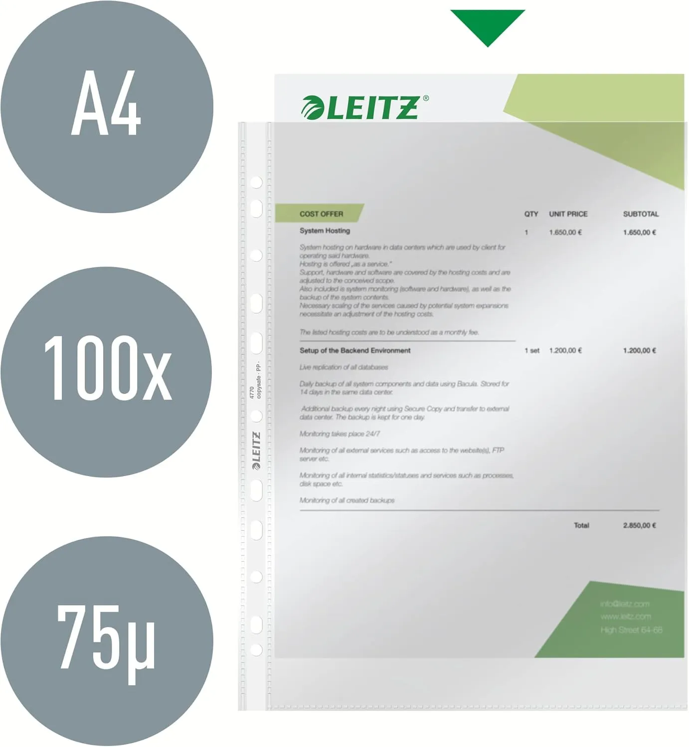 Leitz High Quality Document Pocket, Pack of 100, A4, Clear, 80 Micron PP Material, 47700002