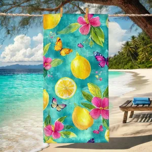 Lemon Floral Microfiber Beach Towel Turquoise Vintage Botanical Design, Quick Dry Absorbent Sand Free Lightweight Bath Towel, Vacation Pool Picnic Essentials 62x31 Inch
