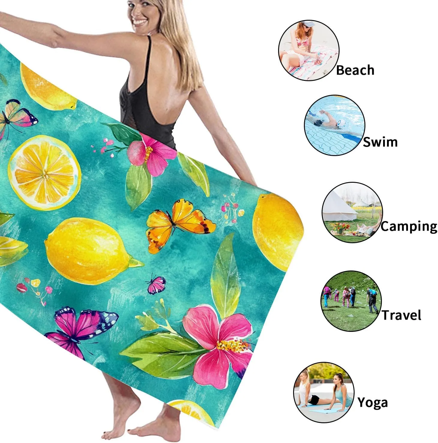 Lemon Floral Microfiber Beach Towel Turquoise Vintage Botanical Design, Quick Dry Absorbent Sand Free Lightweight Bath Towel, Vacation Pool Picnic Essentials 62x31 Inch