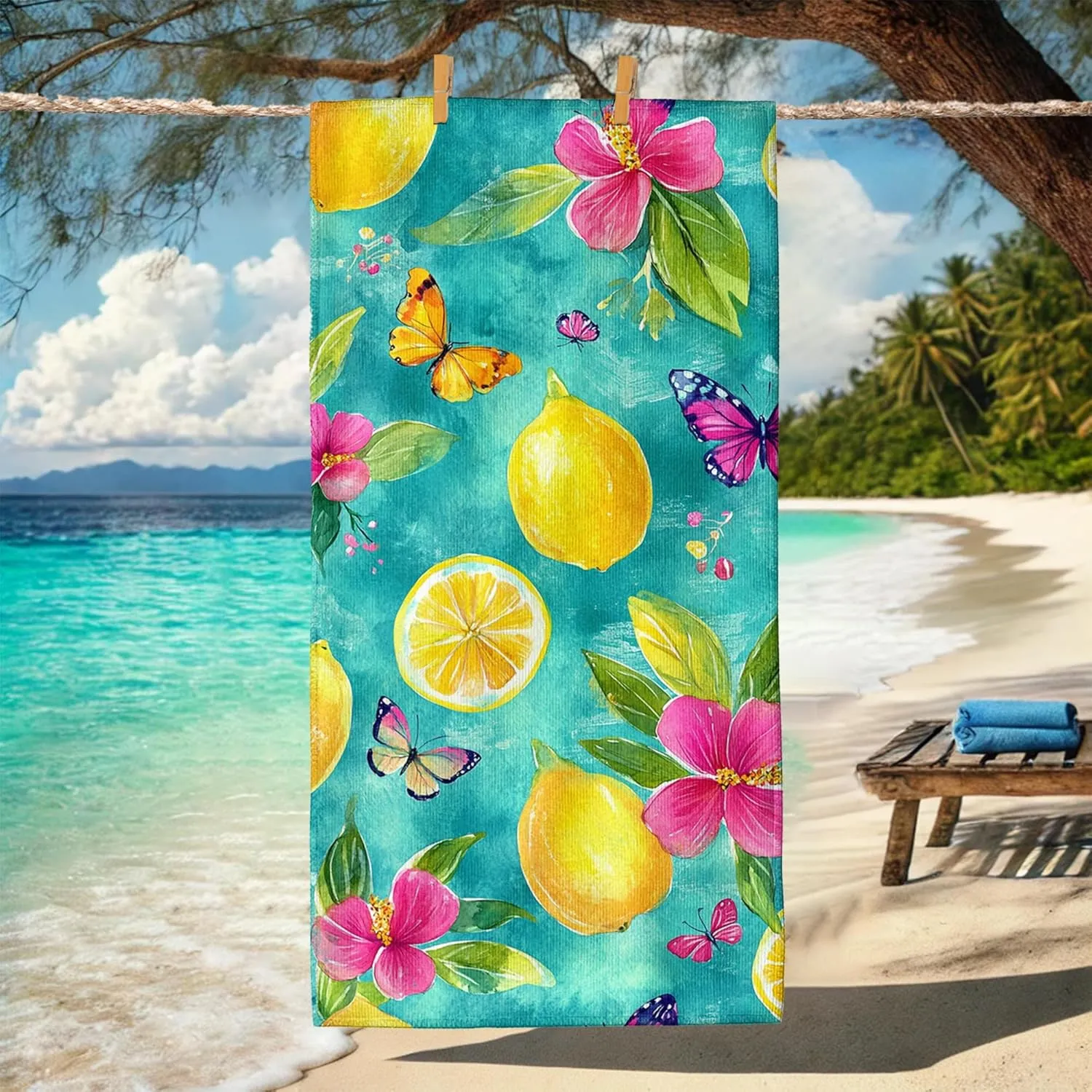 Lemon Floral Microfiber Beach Towel Turquoise Vintage Botanical Design, Quick Dry Absorbent Sand Free Lightweight Bath Towel, Vacation Pool Picnic Essentials 62x31 Inch