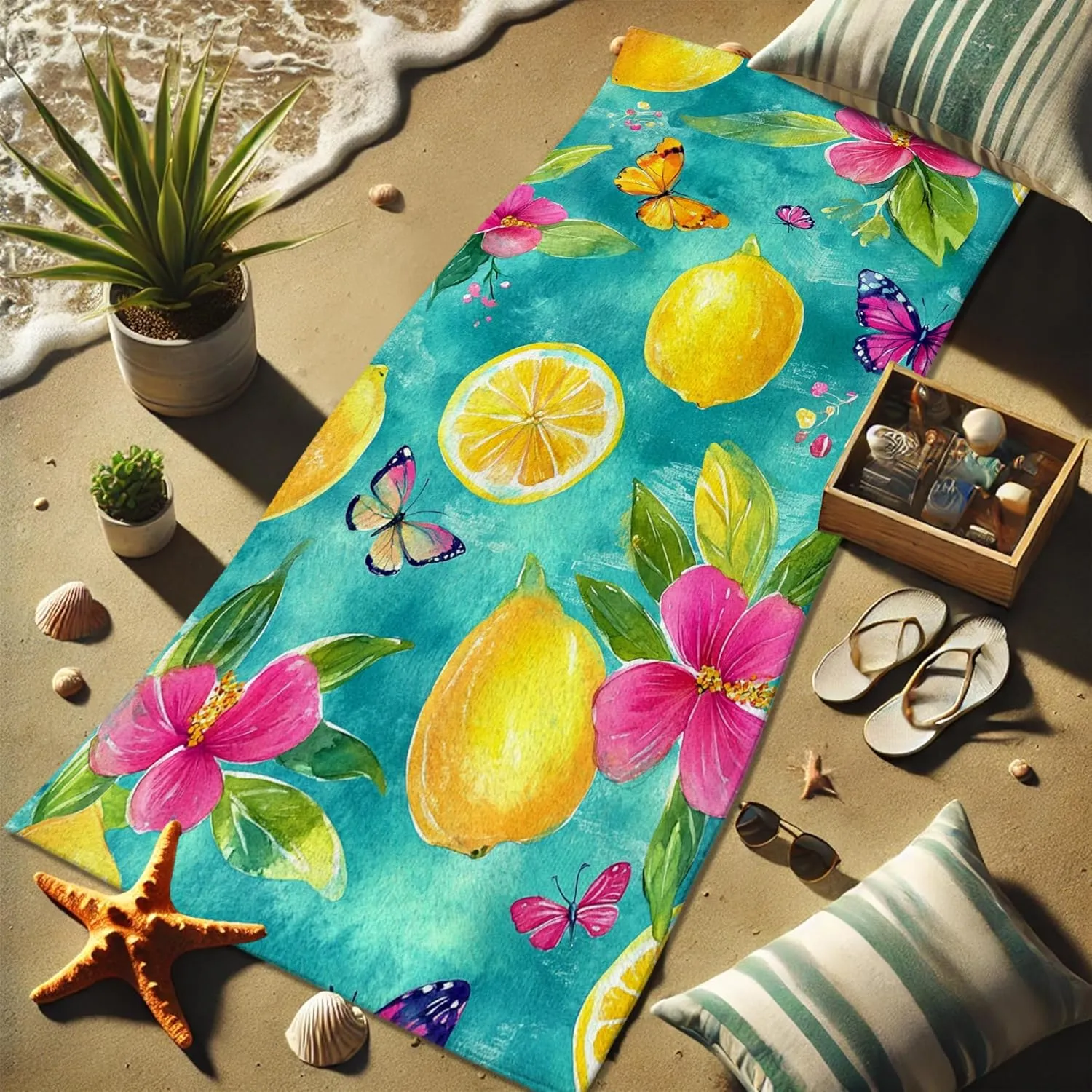 Lemon Floral Microfiber Beach Towel Turquoise Vintage Botanical Design, Quick Dry Absorbent Sand Free Lightweight Bath Towel, Vacation Pool Picnic Essentials 62x31 Inch